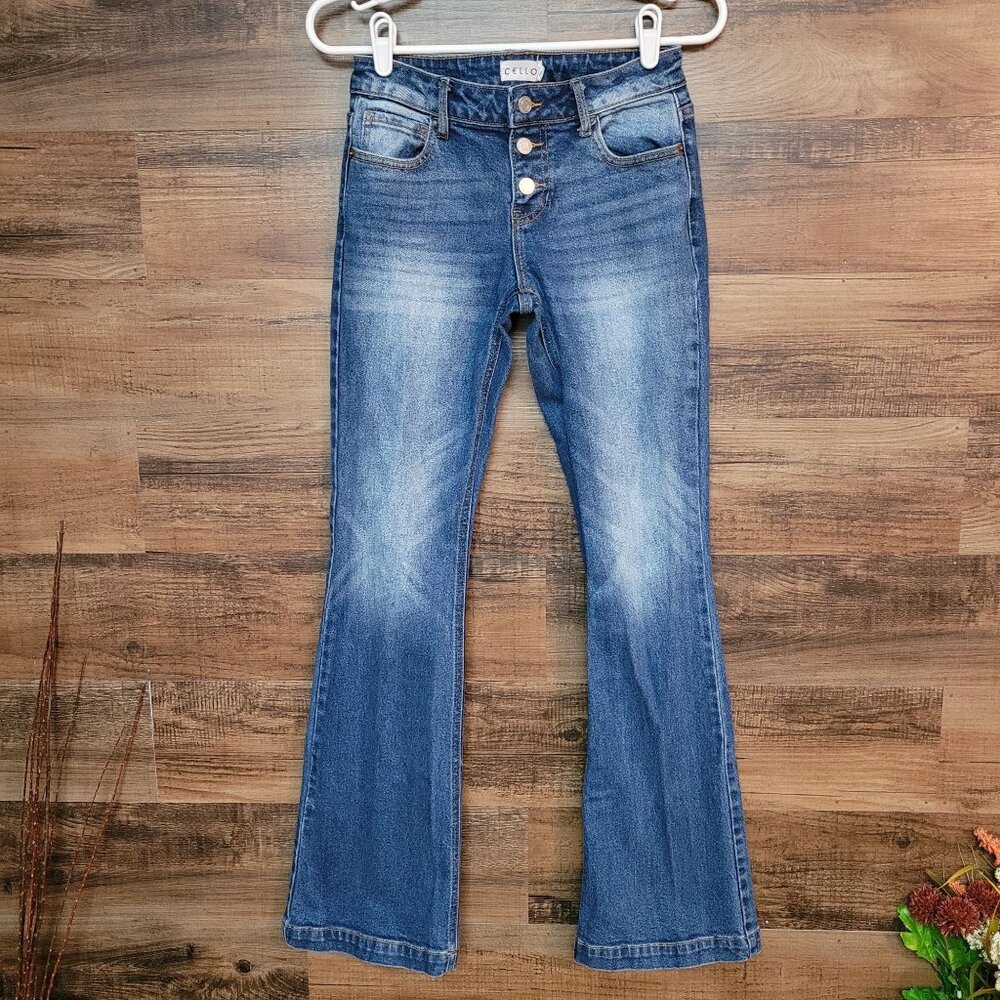 Cello Jeans Size 1 Flare Low Rise Button Fly Medium Dark Wash Stretch